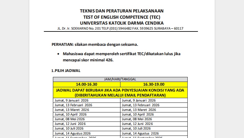 Jadwal TEC Tahun 2026