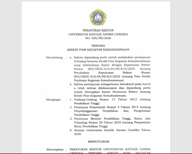 Peraturan Rektor terkait Kredit Poin Kegiatan Kemahasiswaan (KPKK)