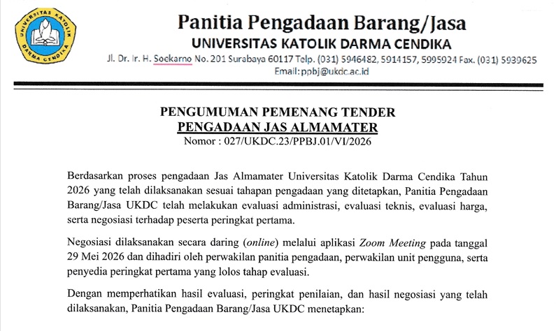 PENGUMUMAN PEMENANG TENDER PENGADAAN JAS ALMAMATER