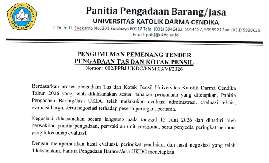PENGUMUMAN PEMENANG TENDER PENGADAAN TAS DAN KOTAK PENSIL